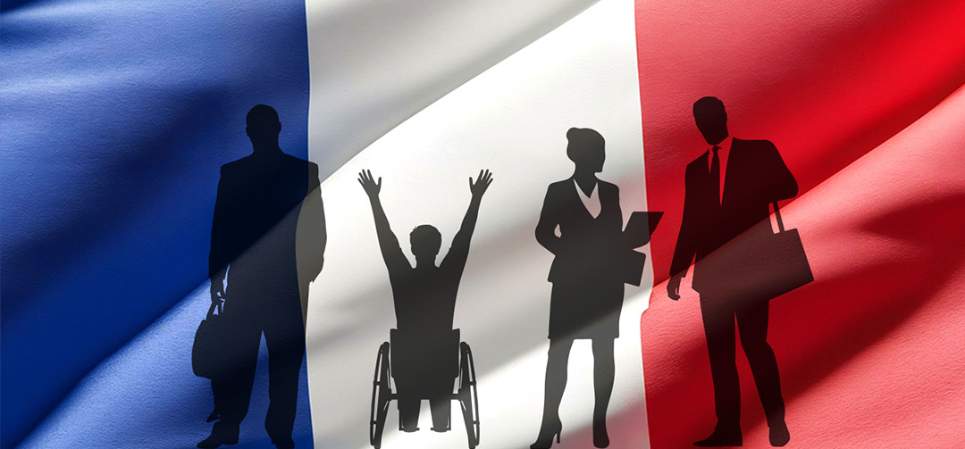 Illustration de la fonction publique : silhouettes d'agents et personne en situation de handicap (cadrage pour mobile)
